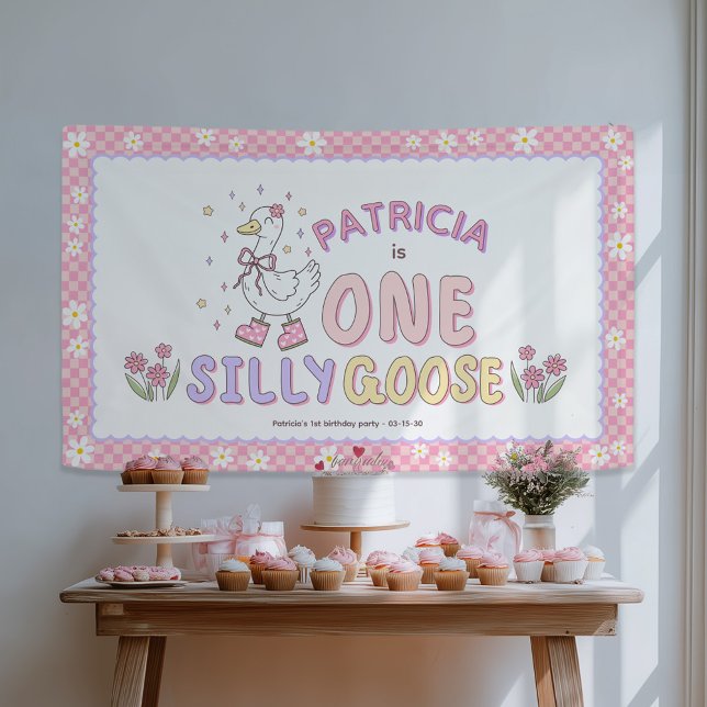 Banderoles Pink One Silly Goose-Girl First Birthday Backdrop (Pink One Silly Goose - Retro style Girl First Birthday Backdrop Banner- 1st Birthday decor.)