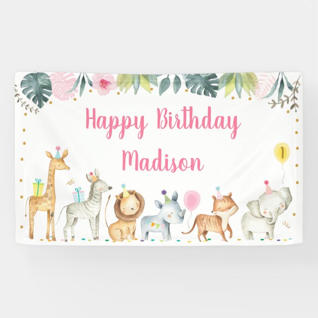 Banderoles Pink Safari animal fille anniversaire (Horizontal)