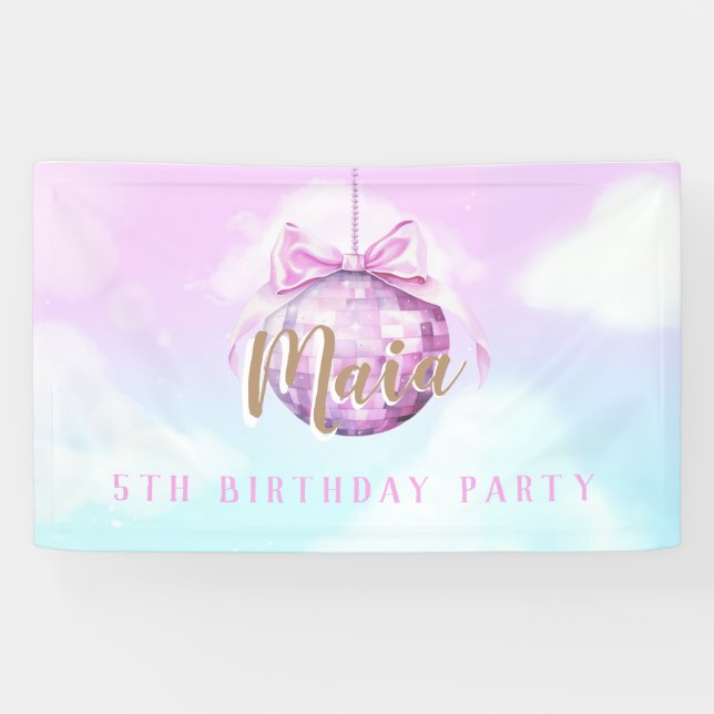 Banderoles Pink Sky Discoball Girl Anniversaire de fête banni (Horizontal)