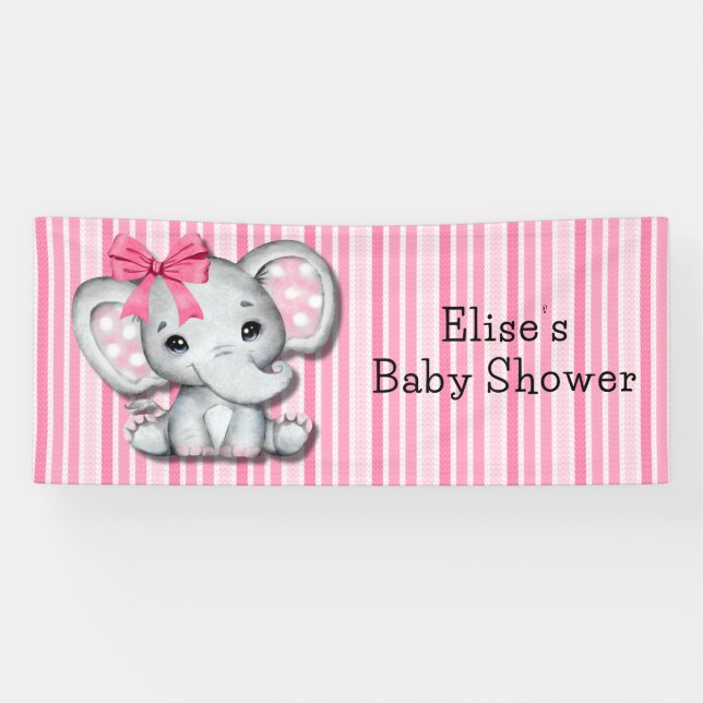 Banderoles Pink Stripes Aquarelle Elephant Girl Baby shower (Horizontal)