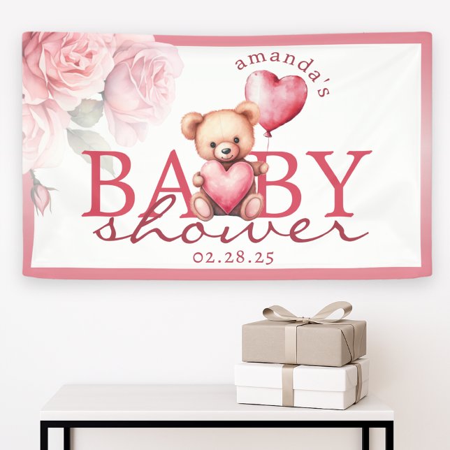 Banderoles Pink Watercolor Teddy Bear Baby Shower (Créateur téléchargé)