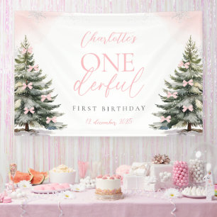 Banderoles Pins Sapins à Ruban Rose Hiver Onederland 1er Anni