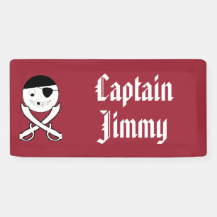 Banderoles Pirate souriant avec épées croisées sur rouge