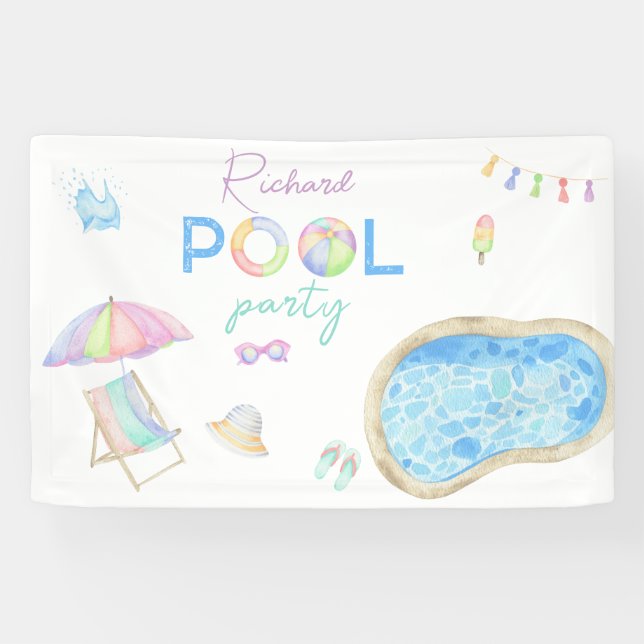 Banderoles Piscine d'aquarelle Piscine de fête d'anniversaire (Horizontal)