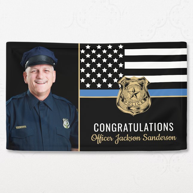 Banderoles Police Blue Line Flag Congrats Photo Retraite (Police Blue Line Flag Congrats Photo Retirement Banner)
