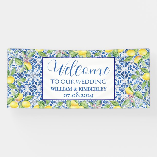 Banderoles Portugais Carreaux Citron Bleu Rustique Mariage él (Horizontal)