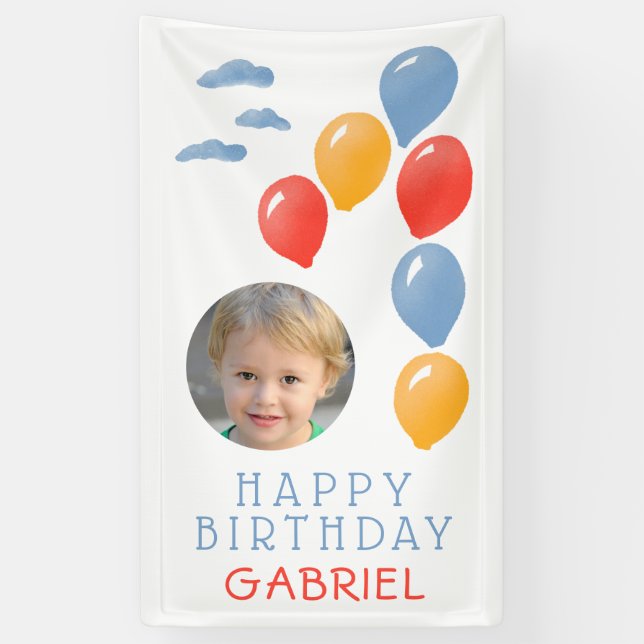 Banderoles Premier anniversaire Balloon bleu Photo de l'anniv (Vertical)