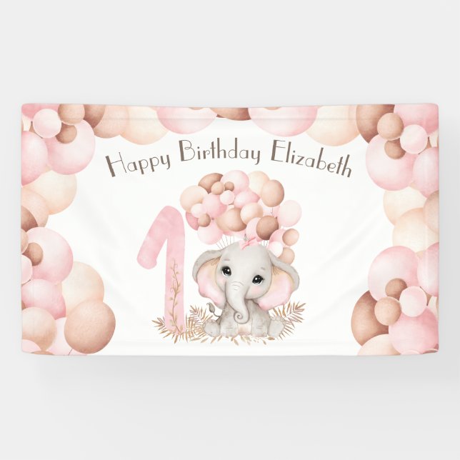 Banderoles Premier anniversaire fille mignonne Eléphant rose (Horizontal)