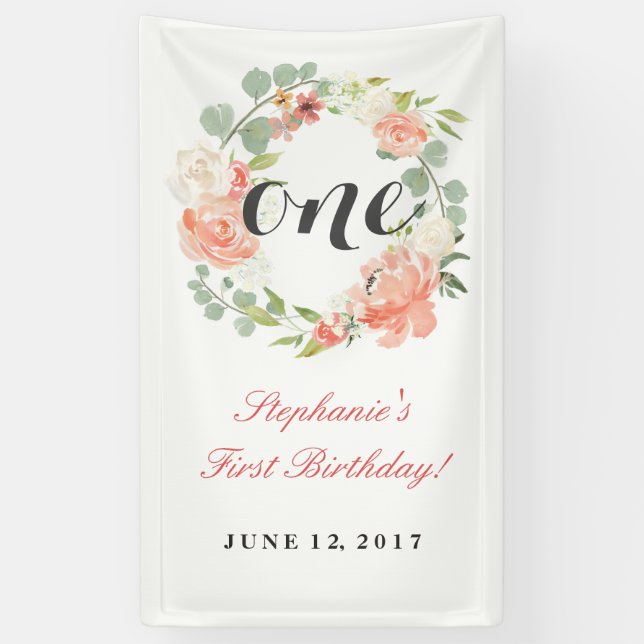 Banderoles Première Anniversaire Rose Floral Wreath Une banni (Vertical)