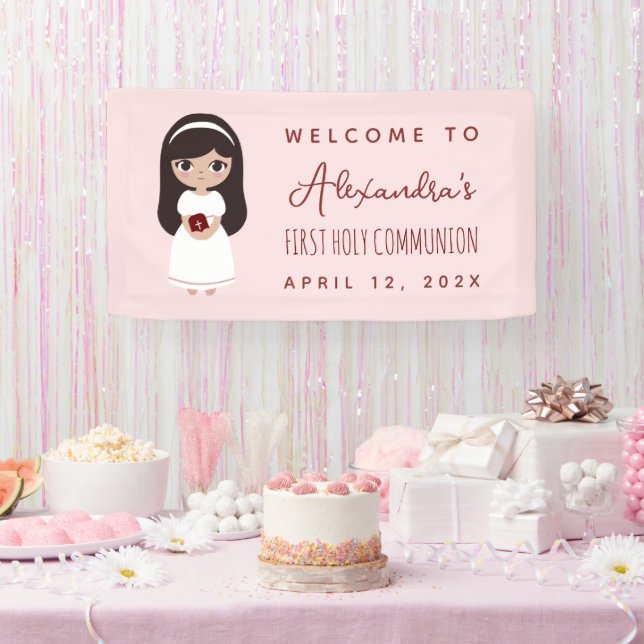 Banderoles Première Communion Bienvenue Brunette Fille Rose m (Fête)