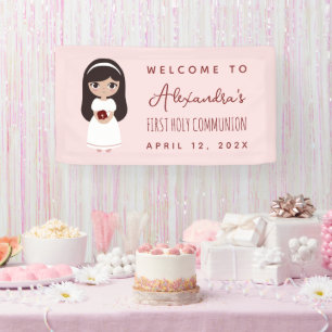 Banderoles Première communion Bienvenue Fille Brune Rose Mign