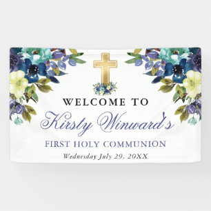 Banderoles Première communion Fleurs Bleu Marine et Bleu