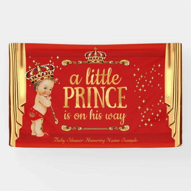 Banderoles Prince Baby shower Red Gold Draps Brunette Boy (Horizontal)