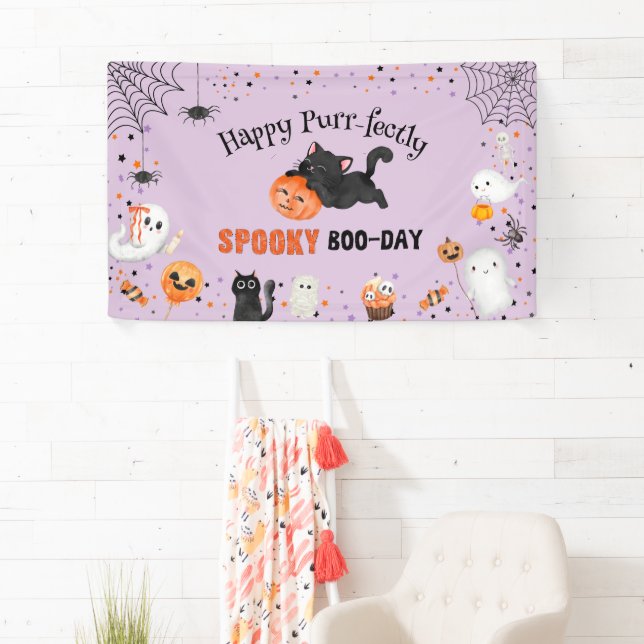 Banderoles Pur Éffrayant Boo-day Cat Halloween Anniversaire (En situation)