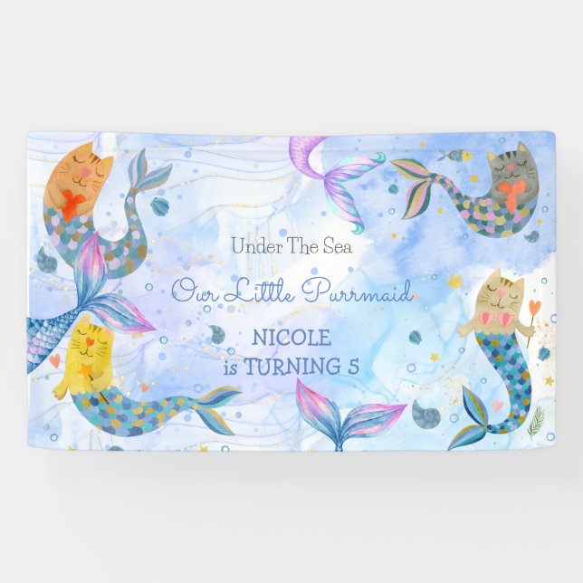 Banderoles Purmaid chat sirène aquarelle fille anniversaire (Horizontal)