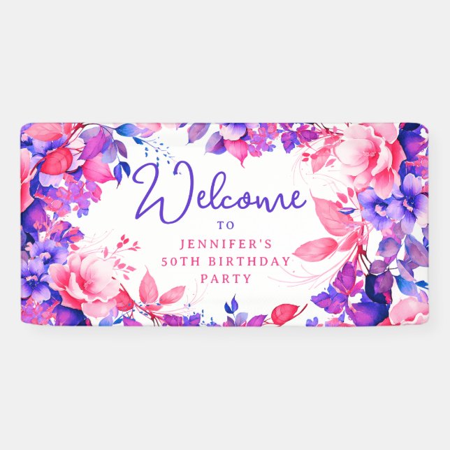 Banderoles Purple Aquarelle Florale 50e fête d'anniversaire (Horizontal)