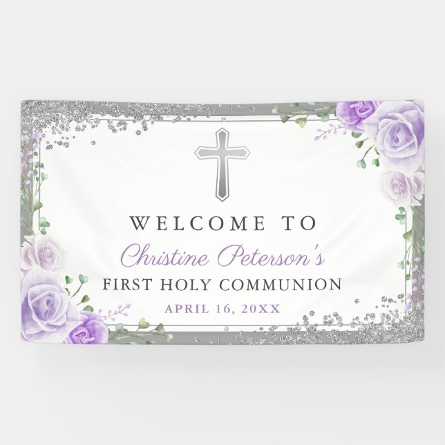 Banderoles Purple Floral Argent Première Communion Sainte Bie (Horizontal)