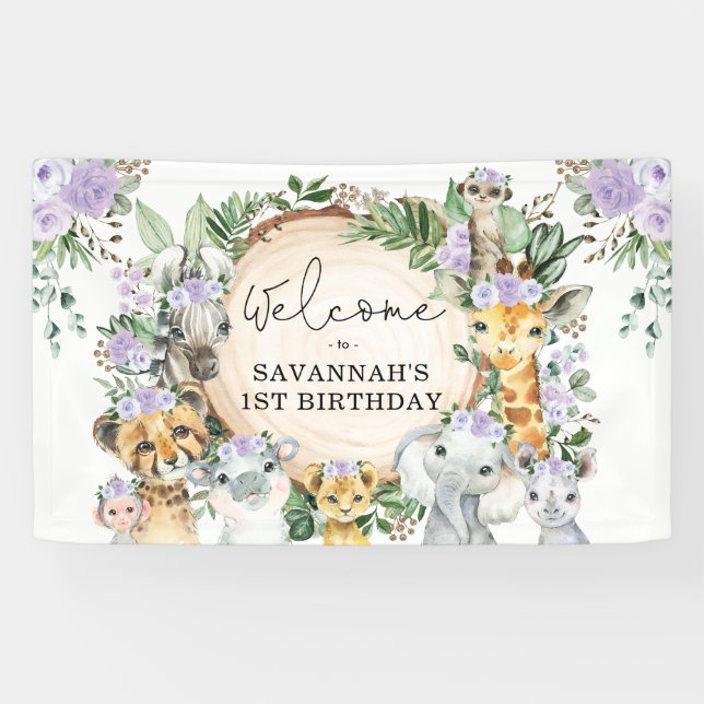 Banderoles Purple Flower Wild Safari Animaux Anniversaire Bie (Horizontal)