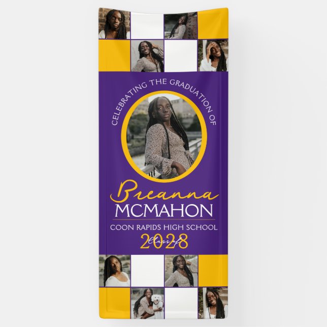 Banderoles Purple & Gold 9 Photo Collage Graduation Vinyl (Vertical)