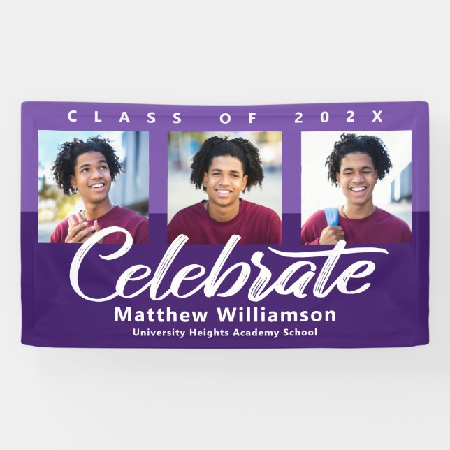 Banderoles Purple Graduation 3 Photo Bold Script Simple Rétro (Horizontal)