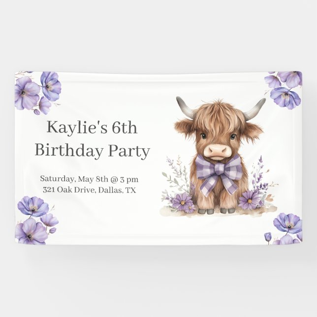 Banderoles Purple Highland Cow fête d'anniversaire (Horizontal)