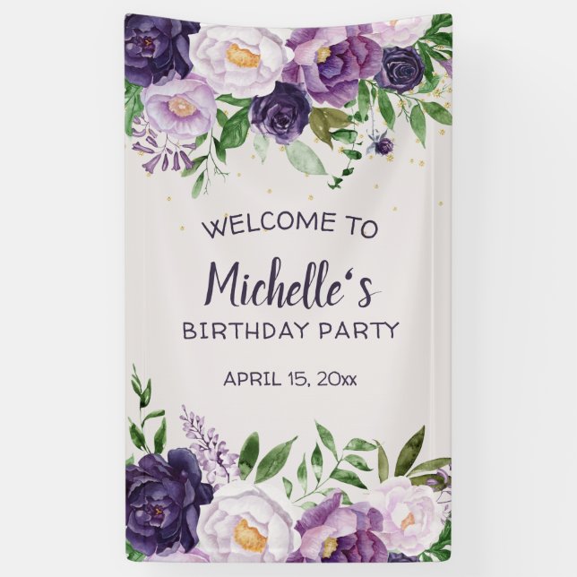 Banderoles Purple Peonies Floral Anniversaire Bienvenue (Vertical)