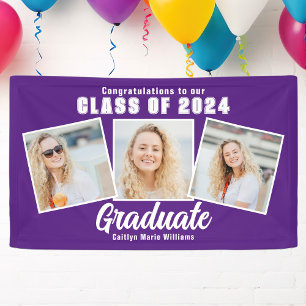 Banderoles Purple White Graduation Party 3 Photo Collage