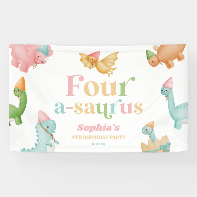 Banderoles Quatre A-Saurus Dinosaur 4e fête d'anniversaire (Horizontal)