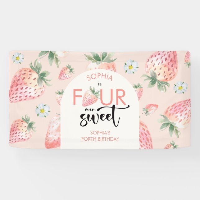 Banderoles Quatre anniversaire de enfant de fraise sucrée (Horizontal)