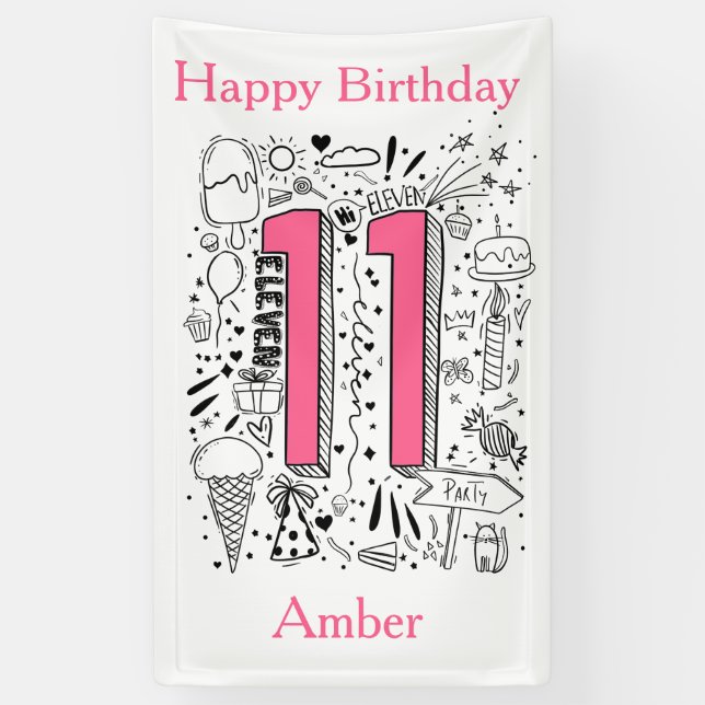 Banderoles Quatre ans 11e anniversaire rose (Vertical)