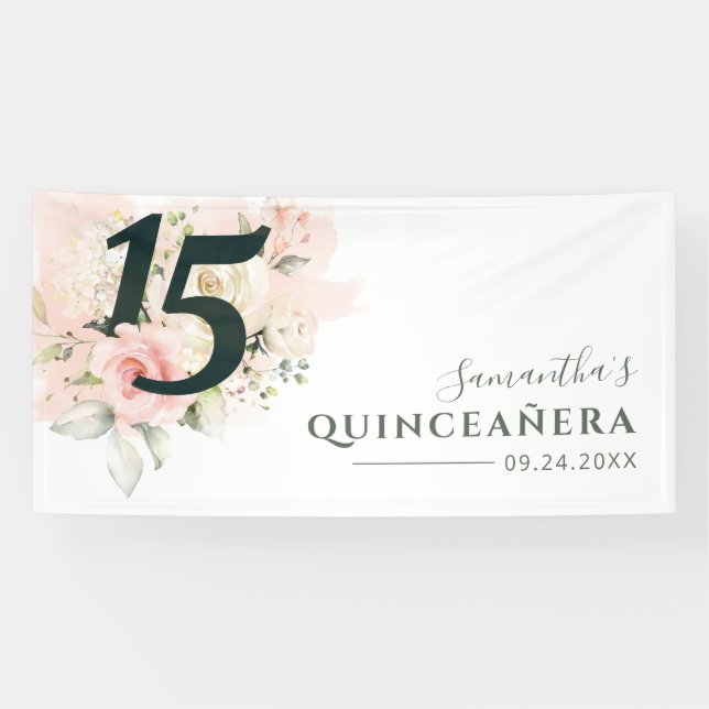 Banderoles Quinceanera Floral rose 15e anniversaire Botanique (Horizontal)
