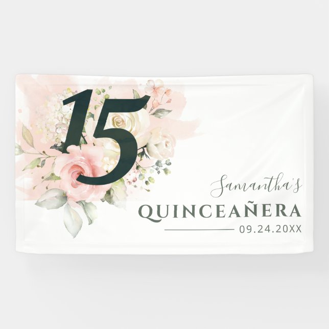 Banderoles Quinceanera Floral rose 15e anniversaire Script (Horizontal)