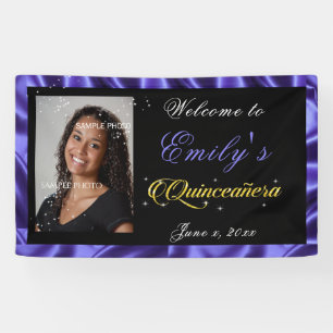 Banderoles Quinceanera Gold Sparkle Txt, Photo Satin Violet,