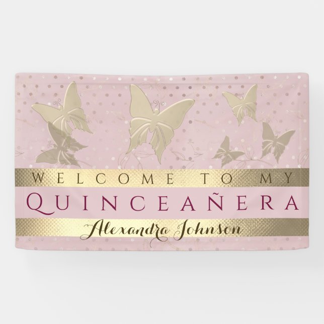 Banderoles Quinceanera Rose Et Or Anniversaire (Horizontal)