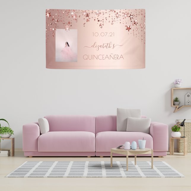 Banderoles Quinceanera rose or blush étoiles photo (Créateur téléchargé)