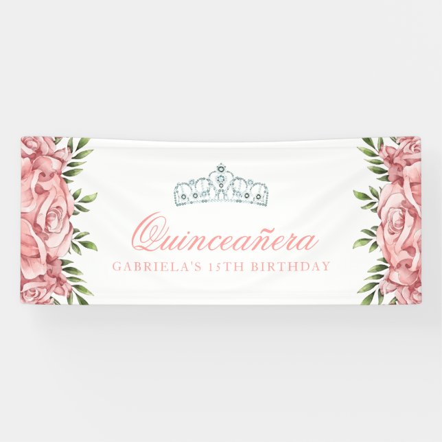 Banderoles Quincennère florale blanche et rose (Horizontal)