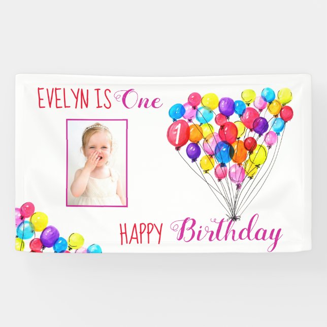 Banderoles Rainbow BALLOON Girl 1er anniversaire Photo rose (Horizontal)