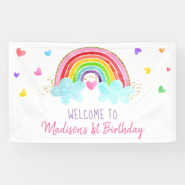 Banderoles Rainbow Cloud Hearts Or rose Anniversaire (Horizontal)