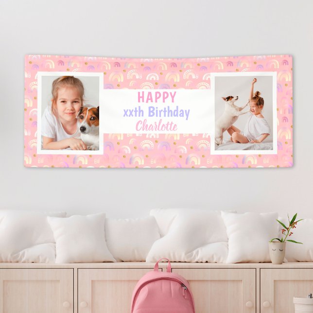 Banderoles Rainbow Rose n'importe quel âge fille photo fête d (Rainbow Pink Any Age Girl Photo Birthday Party Banner
)