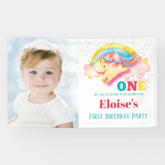 Banderoles Rainbow Unicorn Anniversaire Fête Photo Girl (Horizontal)