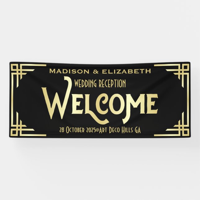 Banderoles Réception Mariage Art Déco Bienvenue Noir Or (Horizontal)