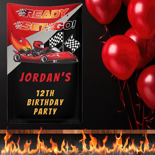 Banderoles Red | Black Go Kart Racing Anniversaire (Red and Black Go Kart Racing Kid's Birthday Party "Ready, Set, Go!" Banner)
