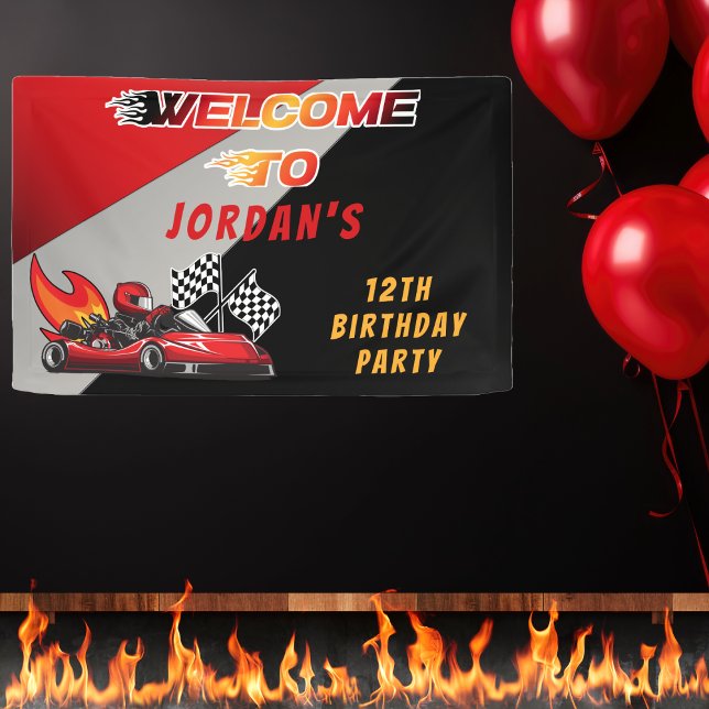 Banderoles Red | Black Go Kart Racing Anniversaire Bienvenue (Red and Black Kid's Go Kart Racing Kid's "Welcome To" Birthday Party Banner)