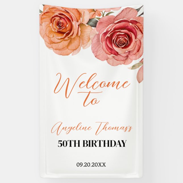 Banderoles Red Orange Rose Floral Botanical Welcome Anniversa (Vertical)