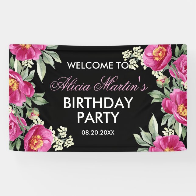Banderoles Red Violet Peony Floral Black Birthday Welcome (Horizontal)