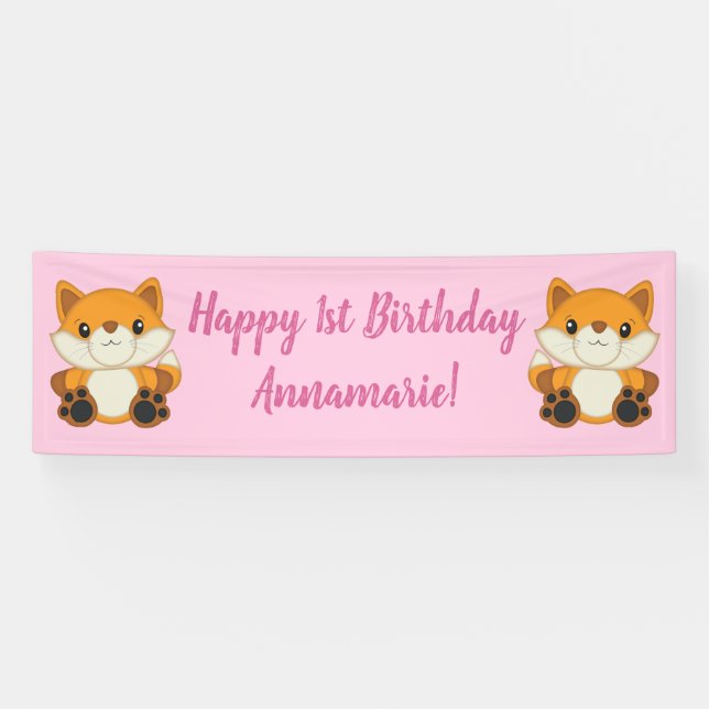 Banderoles Renard fête d'anniversaire rose (Horizontal)