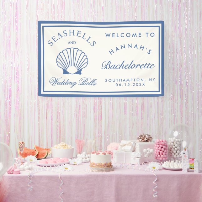 Banderoles Retro Bleu Coquillages & Cloches de Mariage Enterr (Fête)