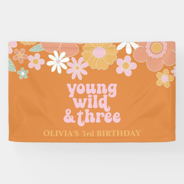 Banderoles Retro Floral Young Wild Trois Anniversaire Bannièr (Horizontal)