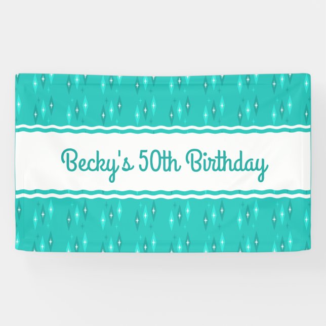 Banderoles Retro Personnalisé Anniversaire Fête Turquoise (Horizontal)