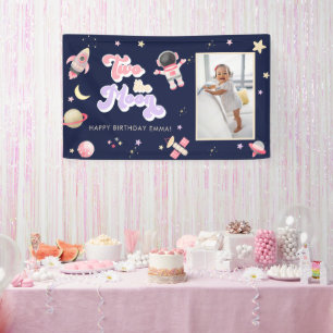 Banderoles Retro rose deux l'espace lune Anniversaire